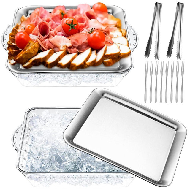 Baderke 9" Chilled Serving Tray for Parties with Compartments Ice Chilled Party Platter Charcuterie Serving Board Cold Dish Dip with Forks Tongs for Fruit Seafood Vegetable Appetizer(Silver,2 Set)