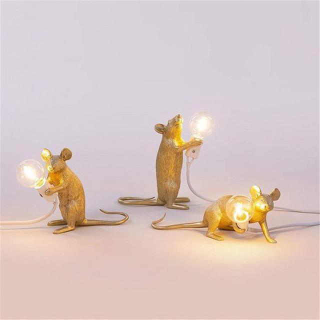 3 Pack Table Lamp Set Mouse Shape Resin Creative Desk Light Bedside Lamp Light Bedside Gift Decoration LED Bedroom,Study Room Home Room Decor (Gold)