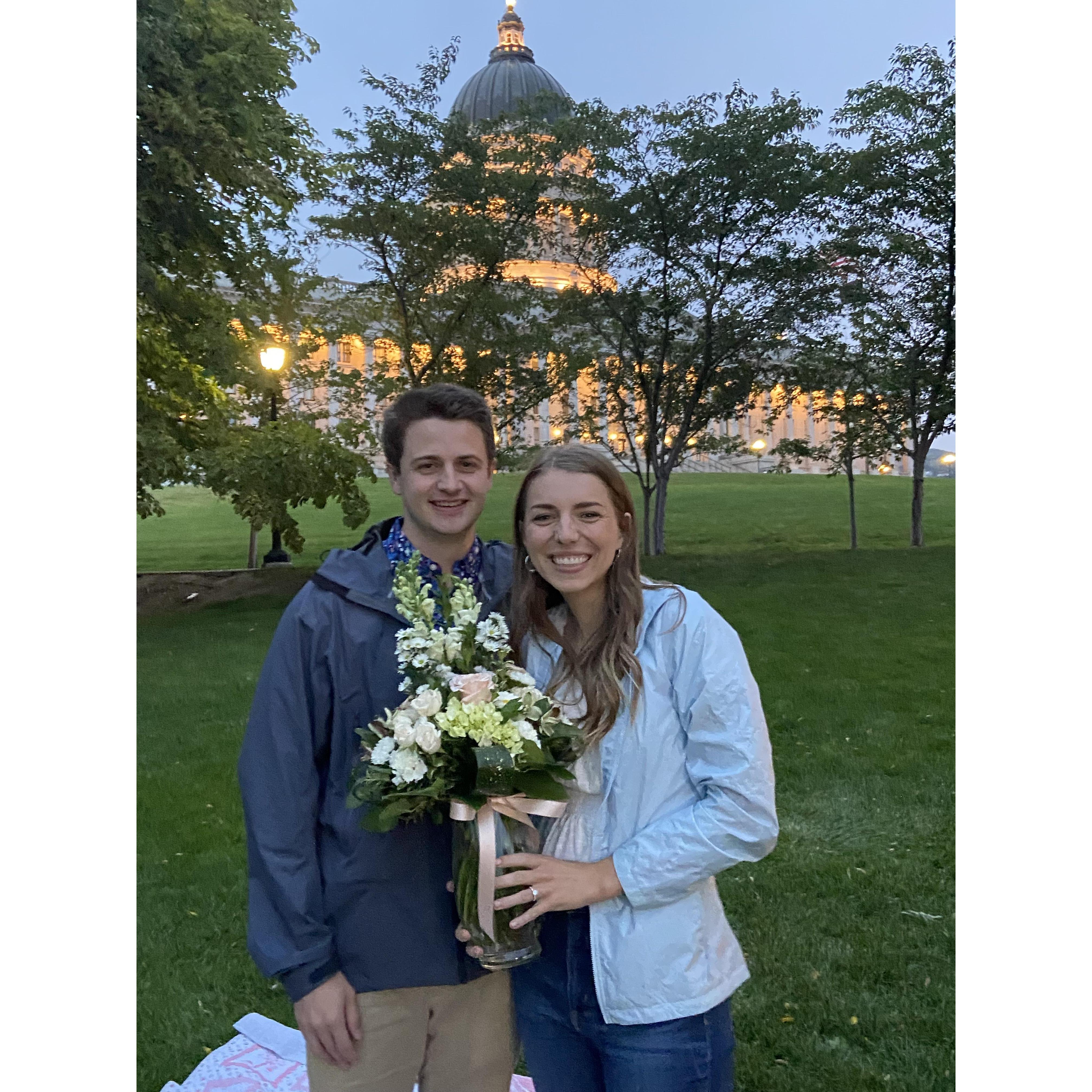 Elijah proposed to Patricia on her birthday outside the Utah Capitol building
