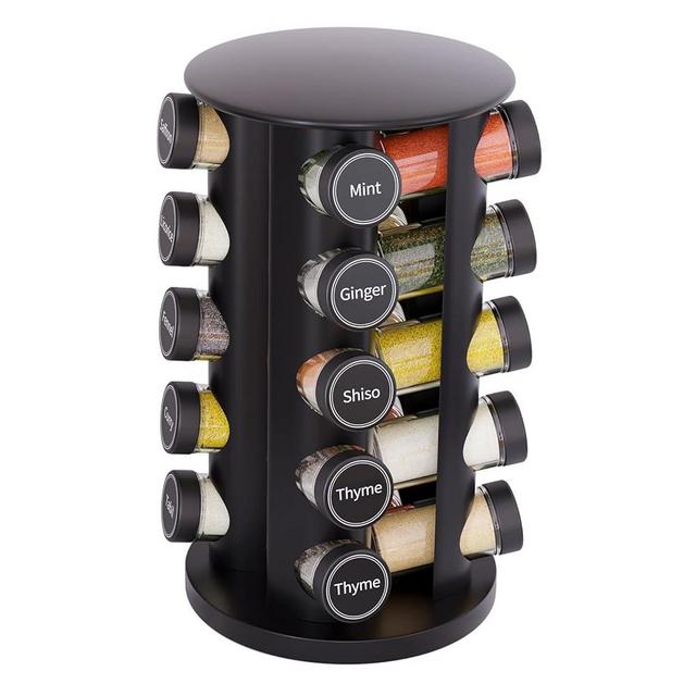 New England Stories Revolving Spice Rack Set with 20 Spice Jars, Kitchen Spice Tower Organizer for Countertop or Cabinet - Carousel Storage Includes 386 Spice Labels (Silver)