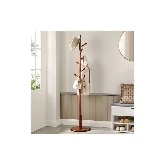 VASAGLE Solid Wood Coat Rack, Wood Hall Tree with 7 Rounded Hooks Dark Walnut