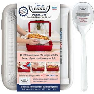 Fancy Panz - White Premium Aluminum Foil Pan Carrier with Lid & Hot/Cold Pack - BPA Free, Made in the USA Elevated Food Serving Tray - Portable Casserole Carrier with Lid - Hosting Essentials