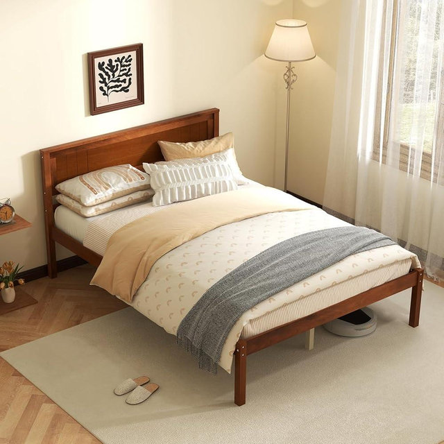 KOMFOTT Full Size Wood Platform Bed Frame with Headboard, Solid Wood Bed Frame with Slat Support, 7-Leg Support, Under Bed Storage, 16-Inch Mattress Foundation Bedroom Furniture, No Box Spring Needed