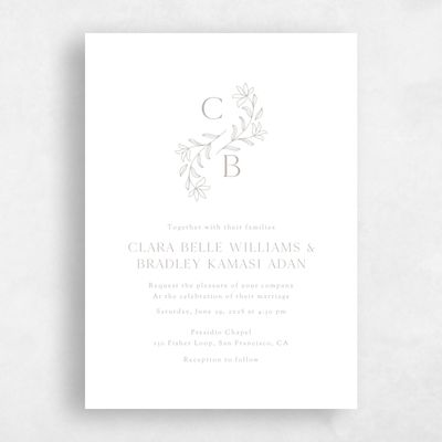 Grey Floral Wedding Invitation - Creston Classic Letterpress