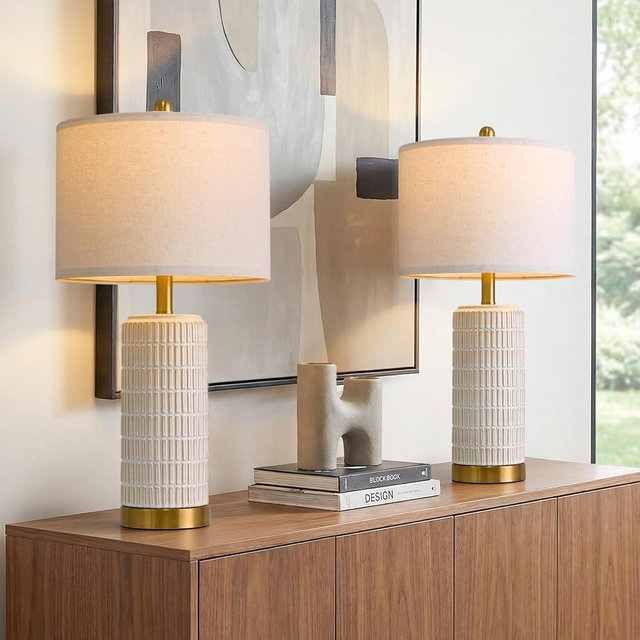 PoKat 25'' Modern Table Lamps Set of 2 for Living Room with Gold Base, White Farmhouse Bedside Lamps for Bedroom, Nightstand Lamps for Office End Table Hallway Home Decor Gift, Beige and White