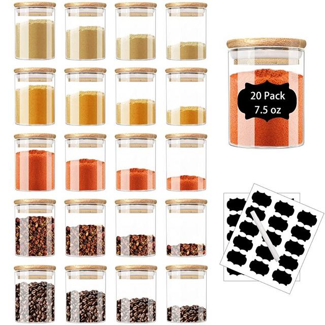 20 Pack Glass Jars with Bamboo Lids, 7.5oz Airtight Spice Jars Set with Extra Labels and Pen, for Dry Food Canisters, Spice, Coffee, Beans, Candy, Nuts, Herbs