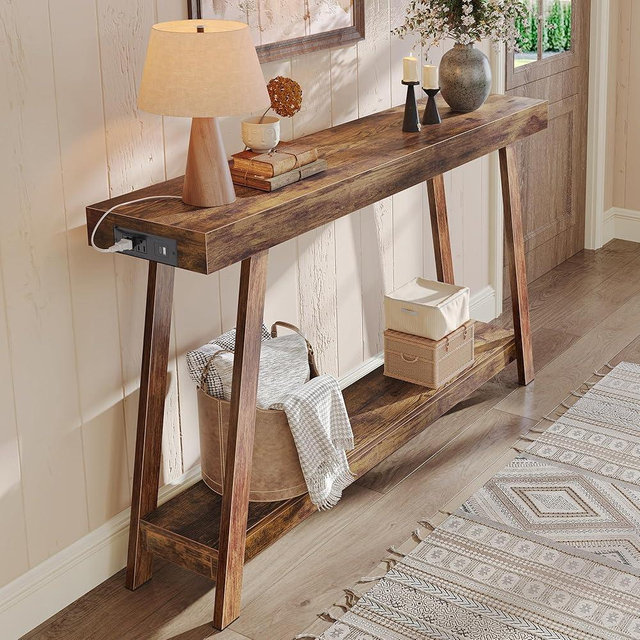 Huuger Console Table with Charging Station, USB-C Port, 2 Tiers Entryway Table, 53.9 Inch Sofa Table with Metal Legs, Entry Hallway Table with Thicker Desktop, Modern Behind Couch Table, Rustic Brown