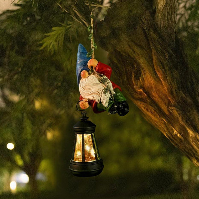 WONDHOME Solar Hanging Gnome Garden Statues Climbing Rope Gnome with LED Lantern Spring Outdoor Decor Tree Hugger Yard Porch Wall Fence Decoration Mother's Day Birthday Gifts for Mom Women