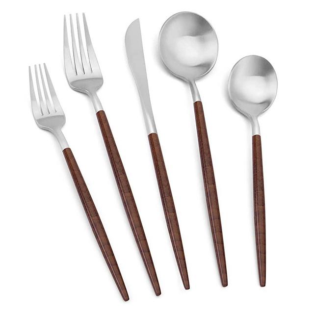 Matte Silver Silverware Set With Brown Handle, Vanys 20 Piece Stainless Steel Cutlery Flatware Set, Kitchen Utensil Sets for 4, Tableware With Knife Spoons And Forks Set, Satin Finished Polished