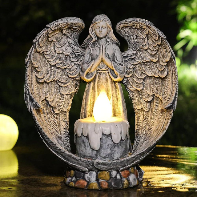 Yiosax Angel Garden Statues Outdoor Cemetery Decorations for Grave Take The Cross Praying Wings Angel Figurine Cemetery Lights Patio Lawn Yard Porch Decorations 10.24 Inch
