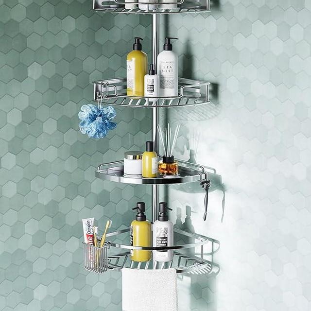 HAMITOR Corner Shower Caddy Tension Pole: Quick Installation 4-Tier Rustproof Bathroom Organizer Shelves for Bathtub Shampoo Storage - 47-121 inch Adjustable Floor Standing Bath Rack Holder - Silver
