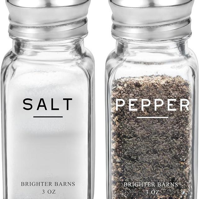 Glass Salt and Pepper Shakers Set by Brighter Barns - Modern Kitchen Decor, Dining Table Countertop Accessory - Rustic, Farmhouse, Vintage Glass Shakers with Stainless Steel Lids for Home, Restaurant