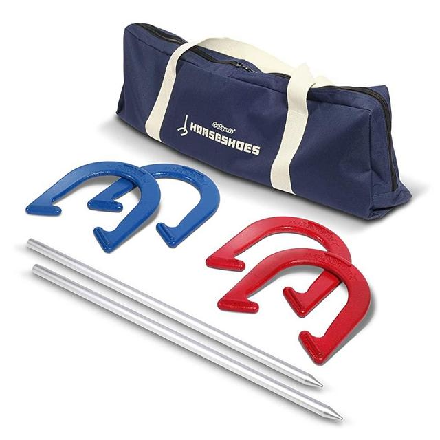 GoSports Steel Horseshoes Regulation Game Set | Includes 4 Horseshoes, 2 Stakes and Carrying Case, HORSESHOES-STEEL-01, Red, Blue