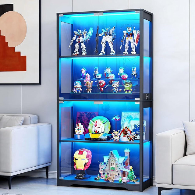 Aauro Home Display Cabinet with Glass Doors, Curio Cabinet with 3 LED Lights and Human Body Sensor, Bookcase with 4 Shelves Storage Cabinets, Black