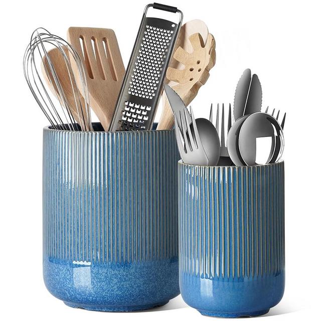 LE TAUCI Utensil Holder, 7.3"+5.4" Ceramic Kitchen Utensil Holder for Countertop, Large Cooking Utensil Crocks for Kitchen Counter, Morden Utensil Organizer for Cutlery, Set of 2, Reactive Glaze Blue