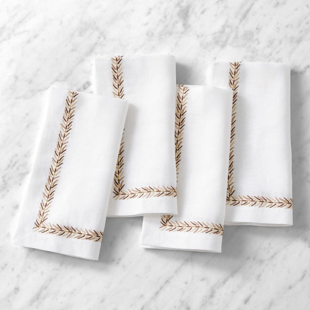 Leaf Garland Embroidered Napkins, Set of 4, Mocha