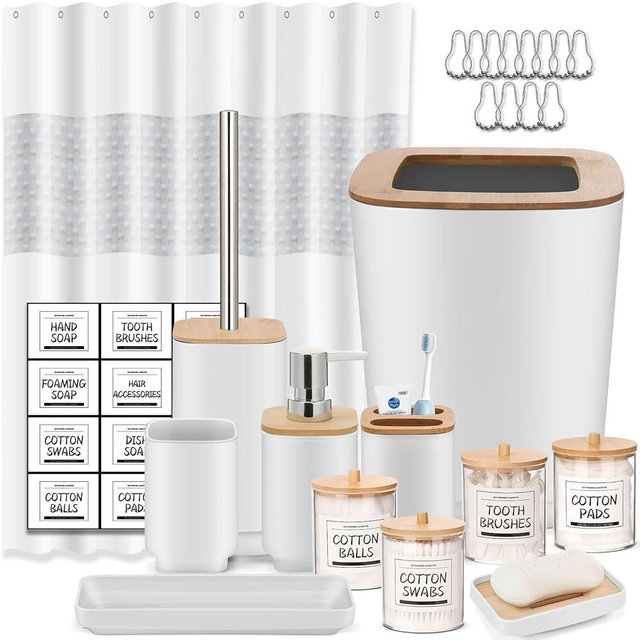 Bathroom Accessories Set,White Bathroom Set,22 Pieces Bathroom Accessory Set with Shower Curtain,Trash Can for Bathroom Accessories Décor and Home Gifts