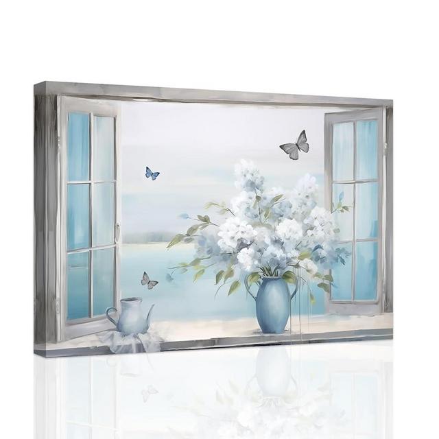 ZXHYWYM Window Wall Art and Pictures Ocean Wall Decor Aqua Blue Beach Flower Butterfly Canvas Print Coastal Artwork Farmhouse Bathroom Decor Frame (B, (12.00" x 18.00"))