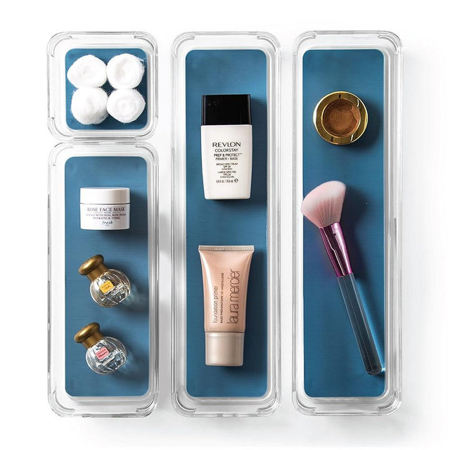 BINO | 4-Piece Drawer Organizer Bin Set - Navy, Small | THE MODULAR+ | Multi-Purpose Storage | Soft-Grip Lining and Non-Slip Rubber Feet | Durable | BPA-Free | Desk Drawer Organizer | Vanity Organizer
