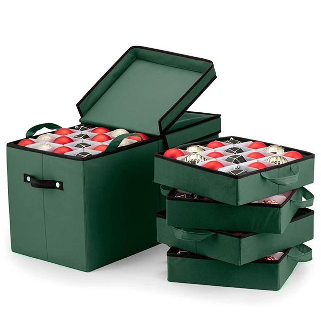 Premium Large Christmas Ornament storage Box with Lid - 3" Compartment, Contains 8 Trays, Keeps 128 Holiday Ornaments and Xmas Accessories, Storage Container Is Tear Proof Made Of 600D Oxford Fabric