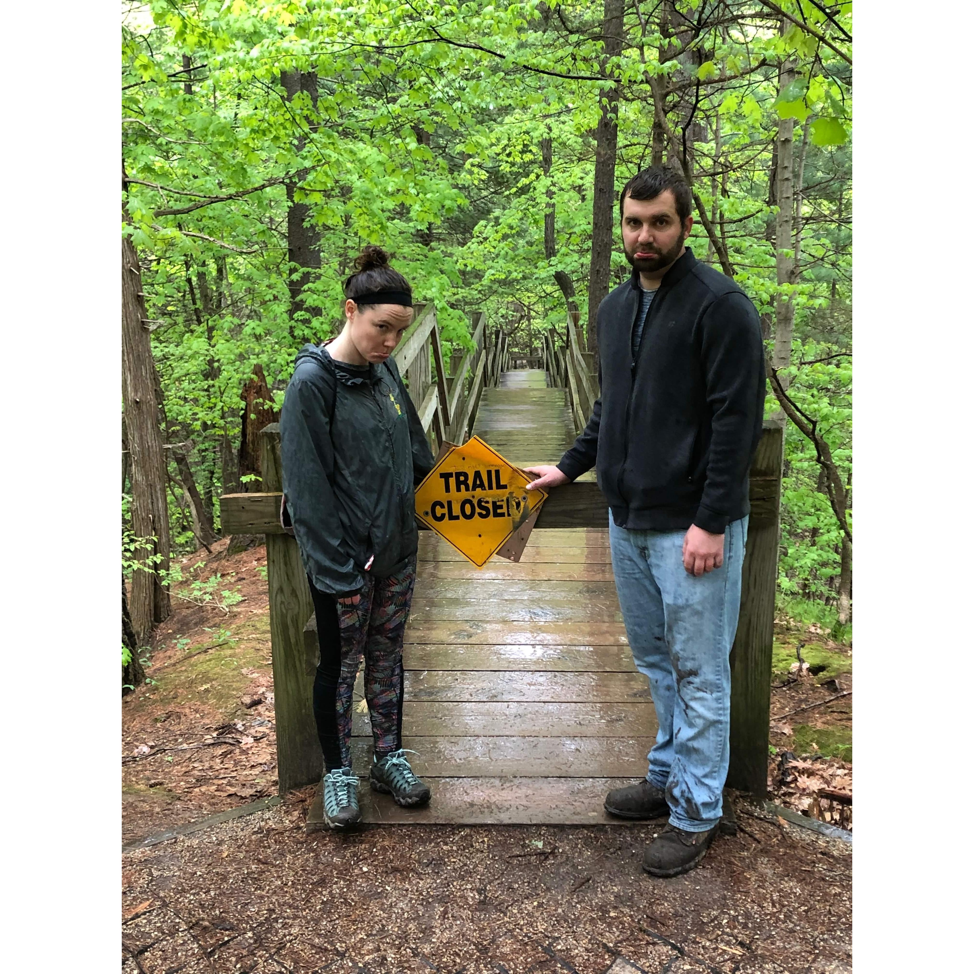 Right before Adam's proposal, when he found the trail he planned to propose on was closed due to flooding
