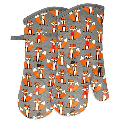 RED LMLDETA Oven Mitts Gloves 1 Pair Heat Resistant 480 ℉ Non Slip Clear Silicone Printed Fox Comfortable Cotton Lining Kitchen Women Men Cooking Baking Barbecue Machine Washable (Fox, Gray Mittens)