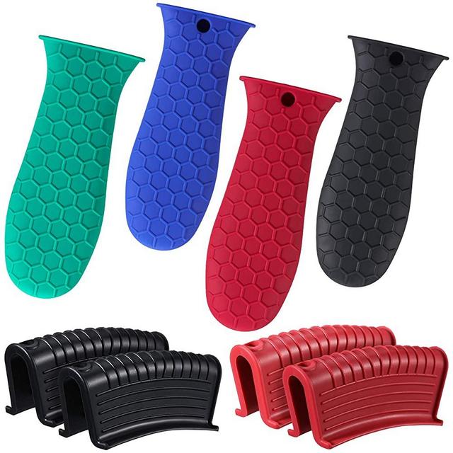 8 Pieces Silicone Hot Handle Holder and Assist Hot Pan Handle Holder Cast Iron Handle Cover Assist Handle Rubber Holder Heat Resistant Pot Sleeve Grip for Frying Pans Oven (Blue, Red, Green, Black)