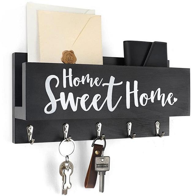 Fipute Mail and Key Holder for Wall, Decorative Entryway Organizer Shelf with Hooks for Dog Leash, Sunglasses, Purses, Coats – 100% Solid Pine Wood Key Hanger 11.8” x 5.9” x 3.2”