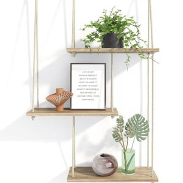 Fixwal Hanging Plant Shelves for Wall, 3 Tier Boho Wall Decor Plant Rack Floating Shelves Rope Rustic Wood Organizer Storage Hanger for Aesthetic Home Bedroom Kitchen Bathroom- Rustic Brown