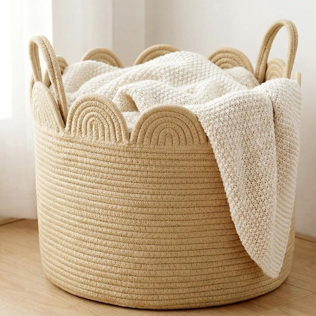 LemonRoad Brown Round Basket Large Blanket Basket 15.8"L x 15.8"W X13.8"H Scalloped Woven Baskets Cotton Storage Baskets for Nursery Classroom Closet Blankets Storage Home Decor