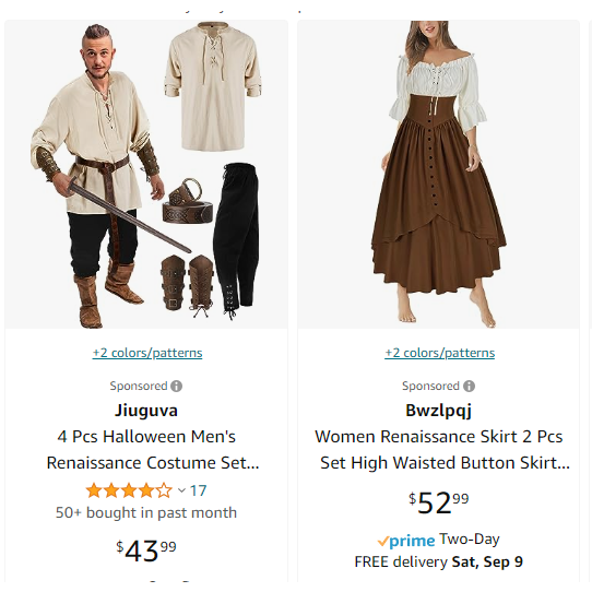 medieval/renaissance style costumes on amazon