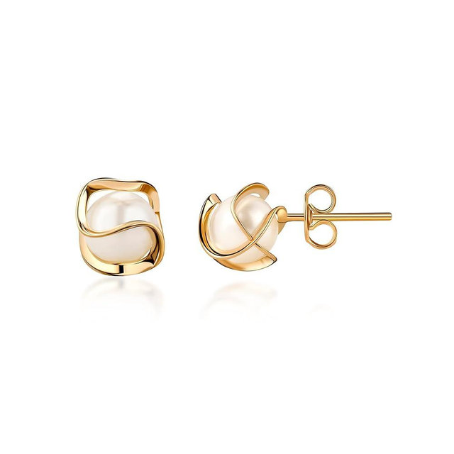 Barzel 18K Gold Plated Caged Pearl Stud Earrings, 6MM - Made In Brazil