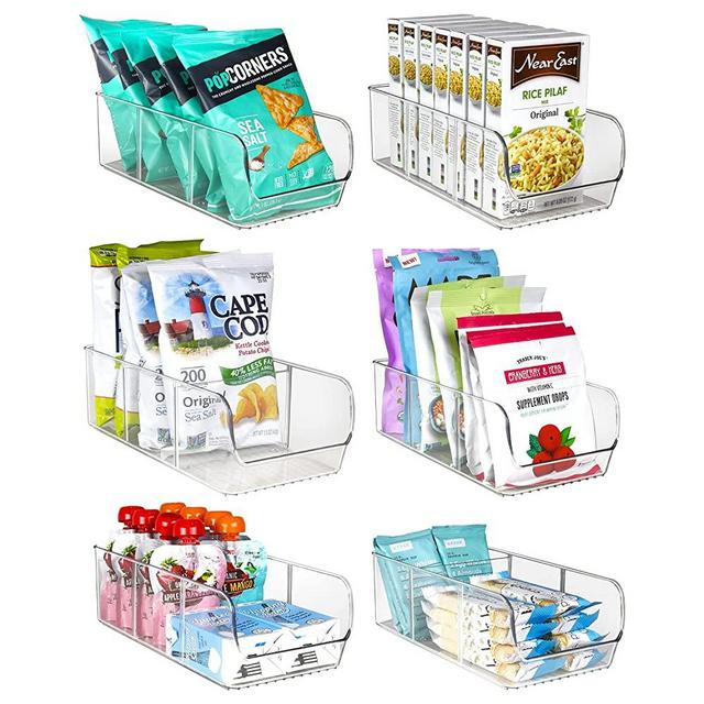 Clear Storage Bins for Pantry - 3 Compartment Kitchen Cabinet and Cupboard Storage Organizers, Multipurpose Storage Bins for Snacks, Packets, Pouches, Spice Packets, Plastic Bin for Fridge - 6 Pack