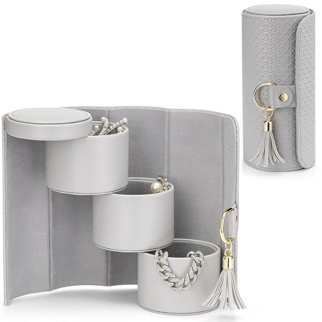 Vlando Gifts 2024 for Women, Girl - Travel Jewelry Oragnizer, 3-Layer Jewelry Storage Box, Travel Essential Accessories for Women, Birthday Gifts for Couples Mom Friends - Grey