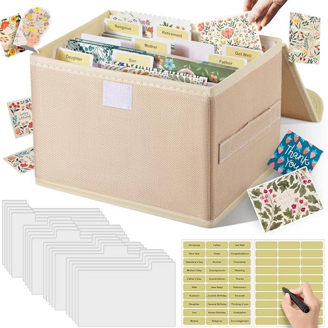 Icepark Greeting Card Organizer Box with Dividers, Greeting Card Organizer Storage Box Storing 120+ Cards with 20 divider cards, 2 custom labels for Photos, Crafts, Scrapbooking, Paper