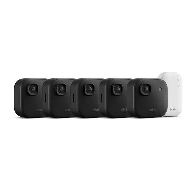 Blink Outdoor 2K+ (newest model) — Wireless smart security camera, 2K video resolution, color night vision, enhanced audio, long-lasting battery. Sync Module Core included — 5 camera system (Black)