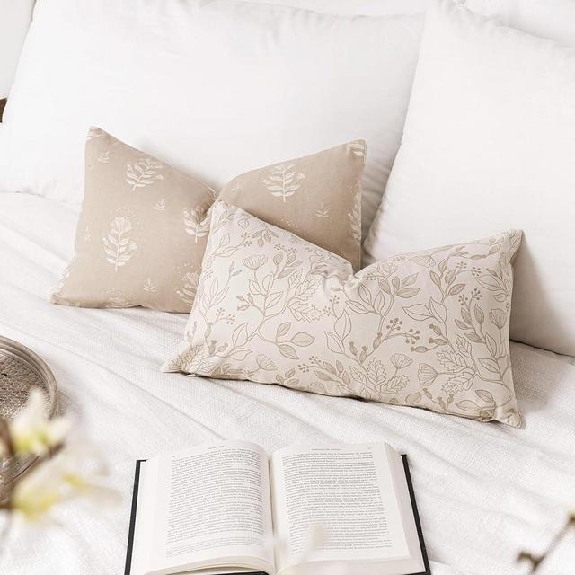 SageSelvas Farmhouse Decorative Lumbar Throw Pillow Covers 12X20 Set of 2, Floral Neutral Beige Cotton Accent Lumbar Throw Pillows for Couch Sofa Living Room, Cover ONLY