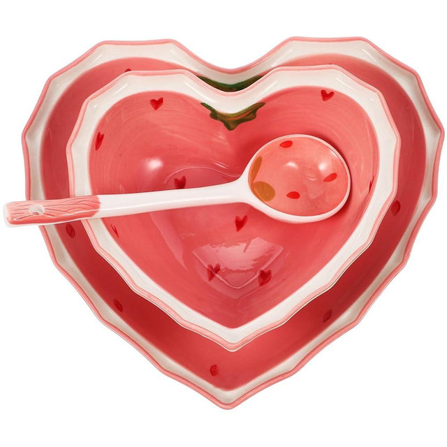 Heart-Shaped Ceramic Bowl With Spoon - Strawberry Plate for Salad, Dessert, Snack, Appetizer, Soup, Cereal, Nuts, Oatmeal, Fruit Prep, Sushi - Set