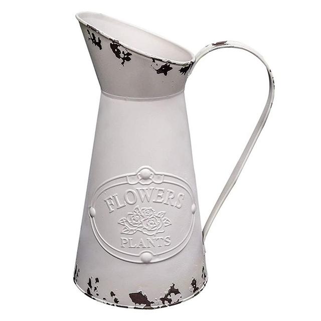 MISIXILE French Style Country Vintage White Large Vase, Metal Rustic Primitive Jug Vase Pitcher for Home Wedding Cafe Decor-11(White)