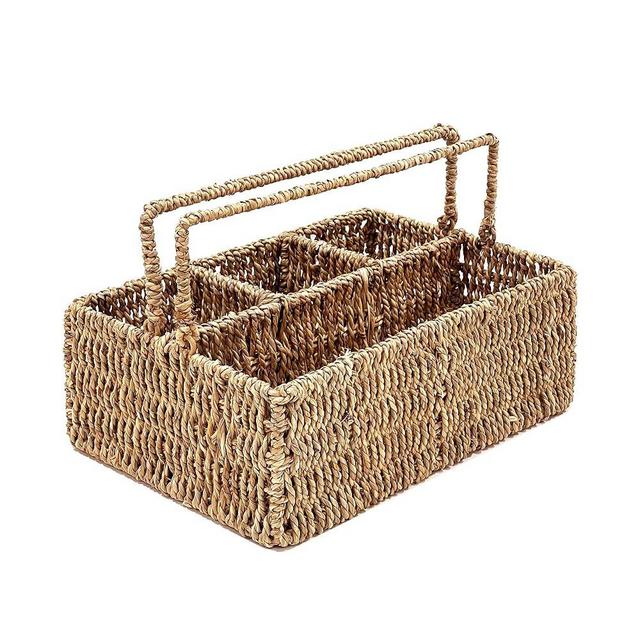 PEMAR Large L-Sized Hand Woven Utensil Caddy Carrier, Natural Jute Wicker Condiment Holder for Table, Kitchen Set Counter Top Silverware Organizer, Rustic Storage Forks, Spoons (Seagrass)