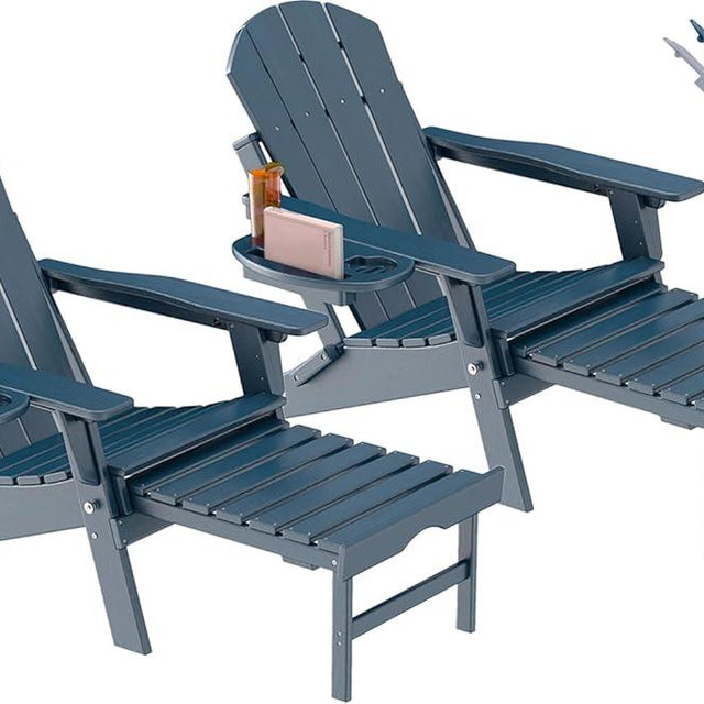 NAVINE Adjustable Adirondack Chair with Retractable Ottoman Set of 2, HDPE Folding Adirondack Chair with Cup Holder, All Weather Fire Pit Chair for Outdoor.