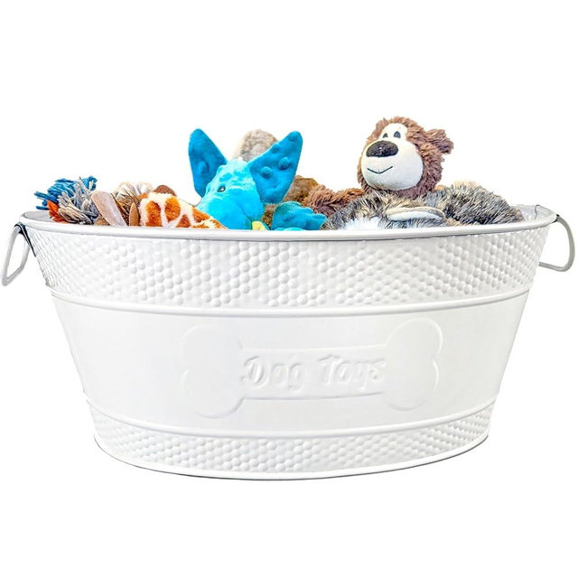 Metal Indestructible Dog Toy Bin - White Modern Galvanized Storage Bin with Handles, Organizer Storage Basket for Pet Toys, Blankets, Leashes - Hammered Bone Design Home Decor (15 Quart)