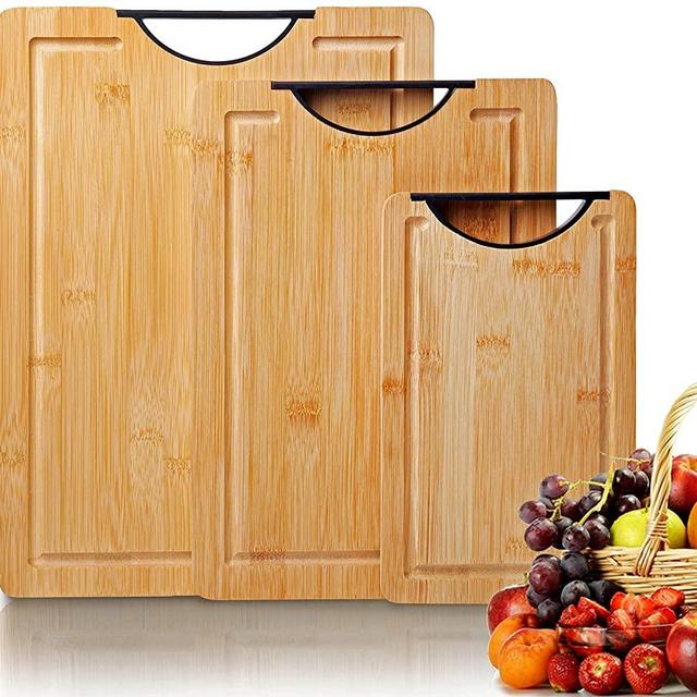 Larger Bamboo Chopping Board Set With Juice Groove, Use as Cutting Board for kitchen, Cheese Board or Charcuterie boards. Strong thick Cutting Boards with Handle
