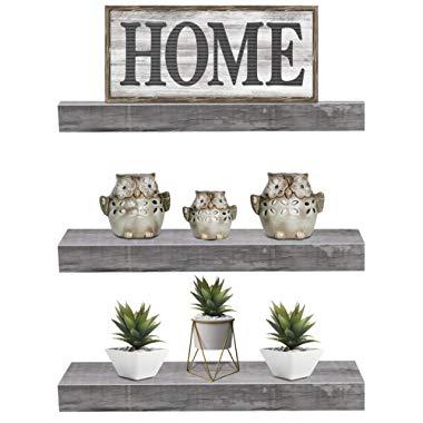 Sorbus Floating Shelf Set — Rustic Wood Hanging Rectangle Wall Shelves — Perfect for Home Décor, Trophy Display, Photo Frames, and More (3-Pack, Grey)