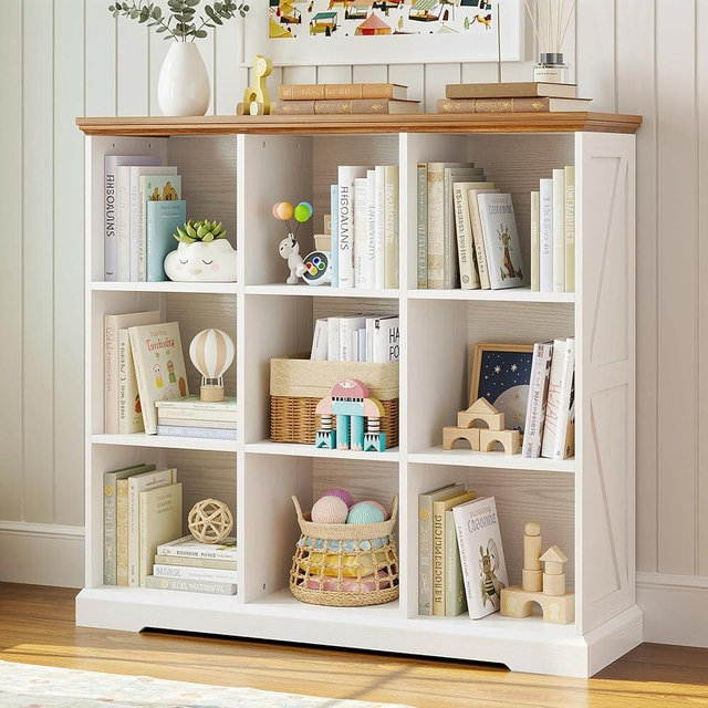 IRONCK Wooden 9 Cube Storage Organizer, Cube Shelf Organizer with Storage, Farmhouse Short Bookshelf for Bedroom, Living Room and Home Office, White