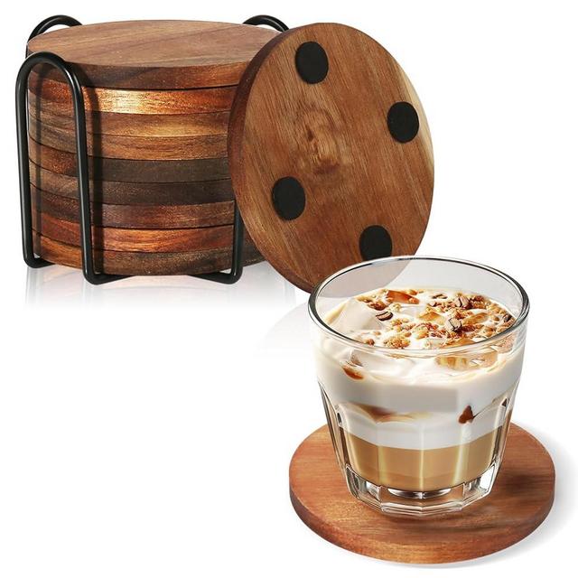 10 Pcs Wood Coasters with Holder, Wooden Coasters for Drinks Absorbent, Drink Coasters for Coffee Table, Modern Home Decor, Coaster Set for Table Protection, Office, Bar