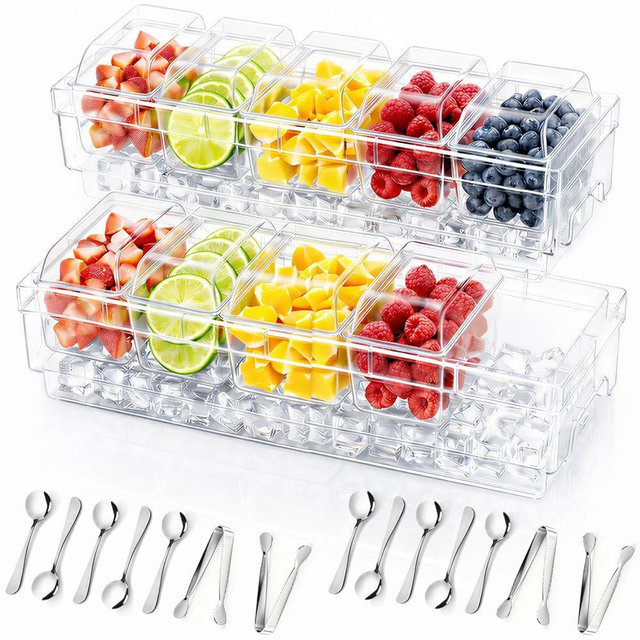 Lifewit Chilled Condiment Caddy with Lids 2 Pcs, Serving Set for Party with 5 Containers & Accessories, Garnish Tray for Bartender, Server Platter for Taco & Mimosa Bar, Lemonade Stand, Buffet Hosting