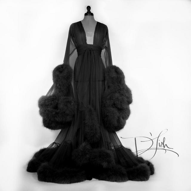 Deluxe "Cassandra" Sheer Black Marabou Dressing Gown