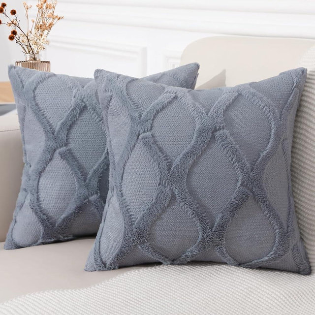 decorUhome Decorative Throw Pillow Covers 18x18 Set of 2, Soft Plush Faux Fur Wool Pillow Covers for Couch Bed Sofa Living Room, Blue Grey