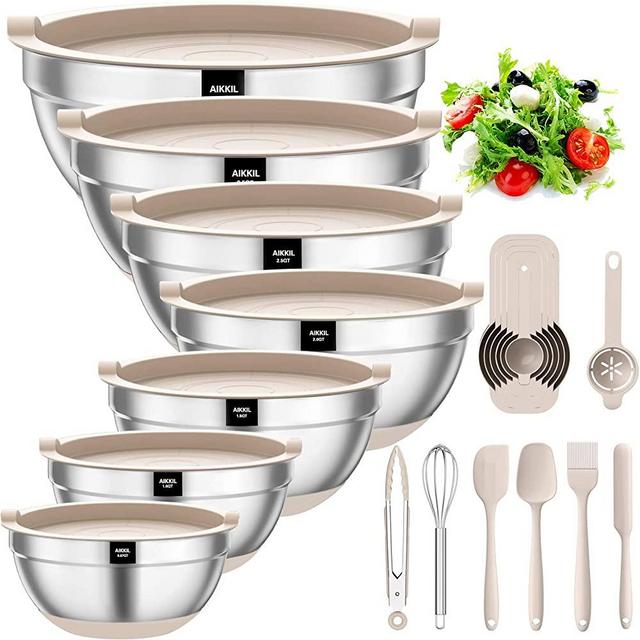 Mixing Bowls with Airtight Lids, 20 piece Stainless Steel Metal Nesting Bowls, AIKKIL Non-Slip Silicone Bottom, Size 7, 3.5, 2.5, 2.0,1.5, 1,0.67QT Great for Mixing, Baking, Serving (Khaki)